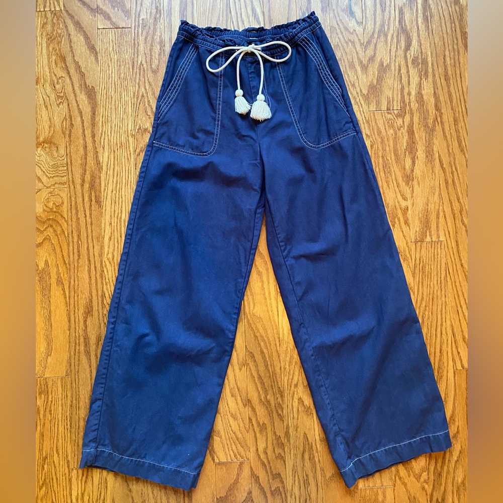 Navy Wide Leg Pants With Rope Drawstring and Contrast Stitching - Picture 6 of 6